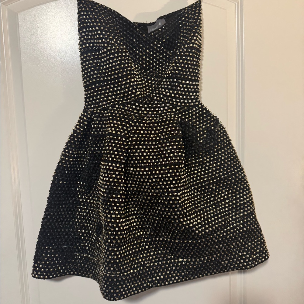 Black and Gold Strapless Pleated A-line Dress